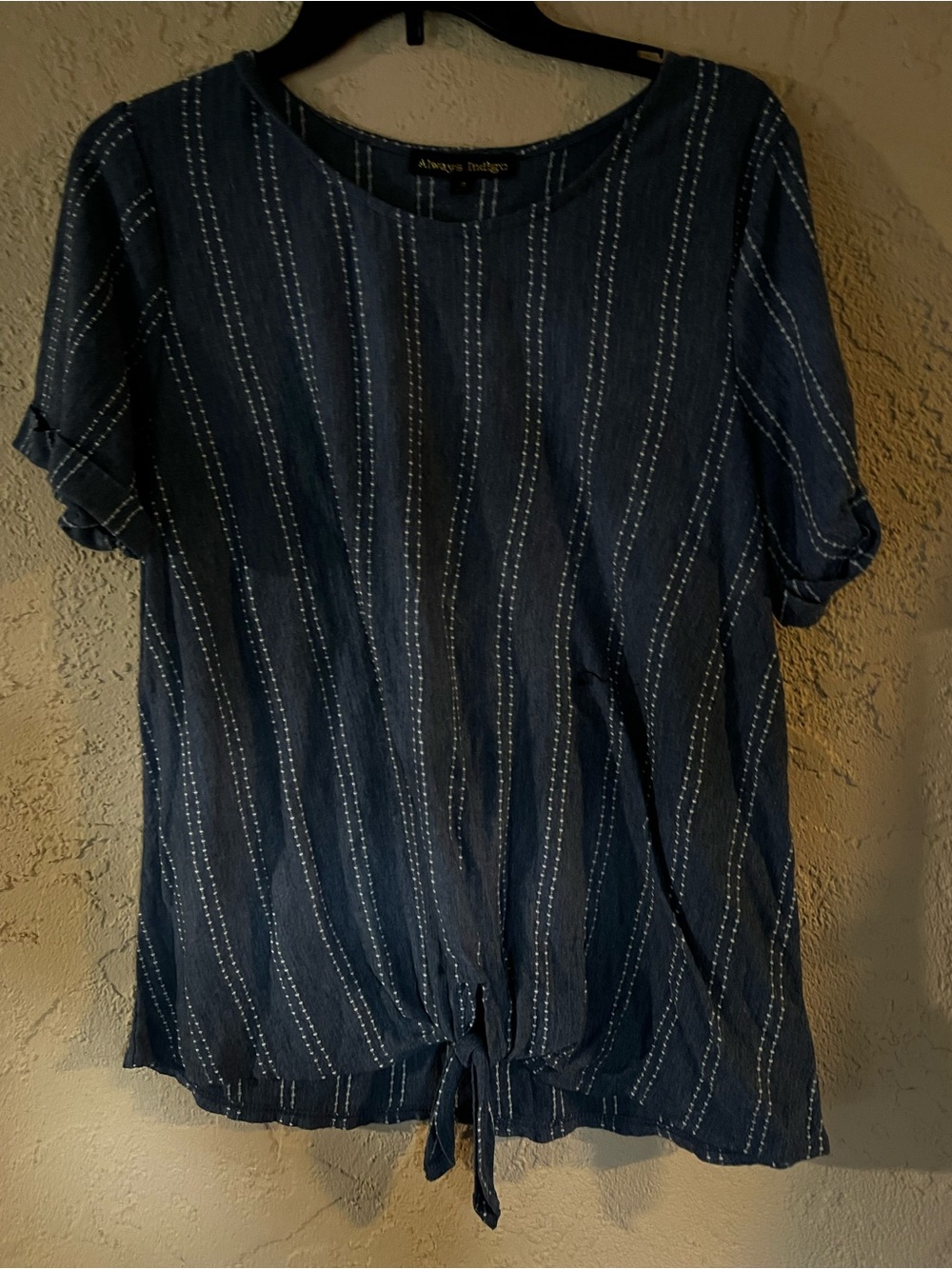Navy Vertical Stripe Tie-Front Short Sleeve Tunic